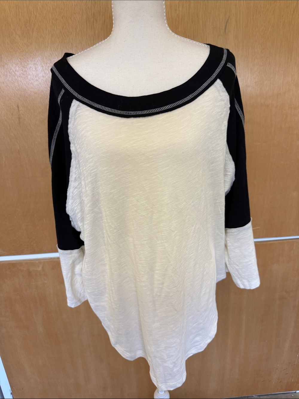 Free People Two-Tone Boatneck Raglan Top - Cream and Black
